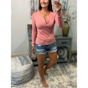 Henley Waffle Top Womens Pink Thermal Fitted Sexy Retro Y2K Stretch Basic 0423